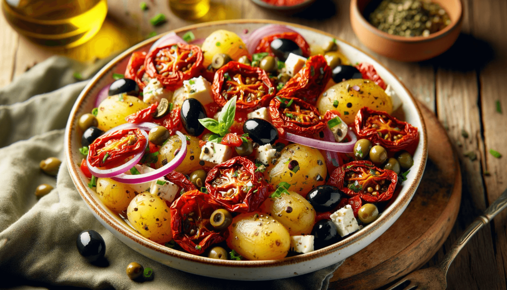 Kartoffelsalat mit Oliven, getrockneten Tomaten und Feta