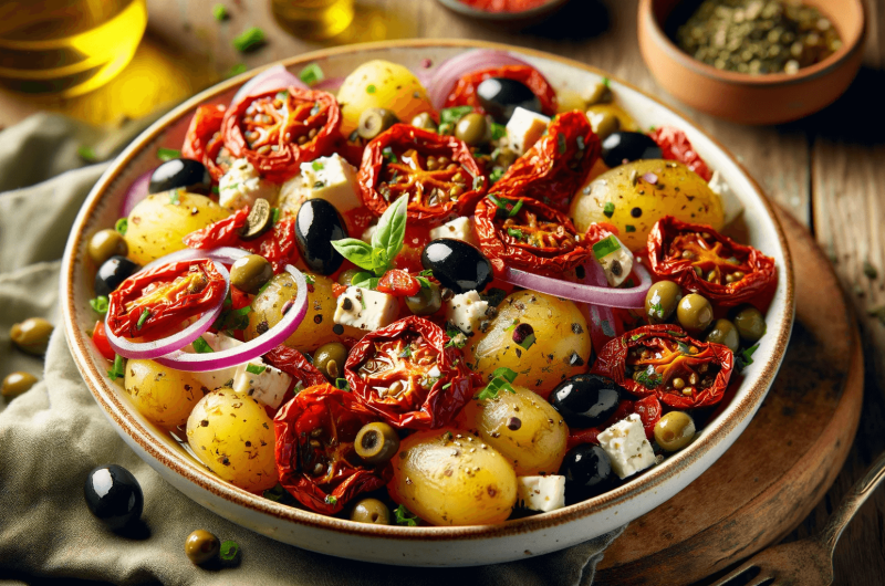 Kartoffelsalat mit Oliven, getrockneten Tomaten und Feta