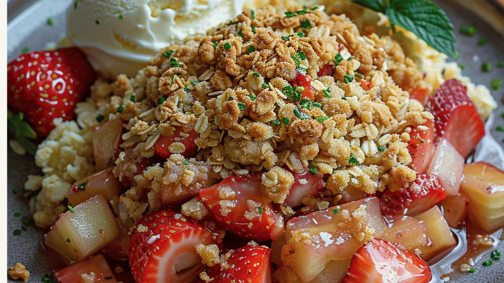 Osterfest Menü Erdbeer-Rhabarber-Crumble mit Vanilleeis