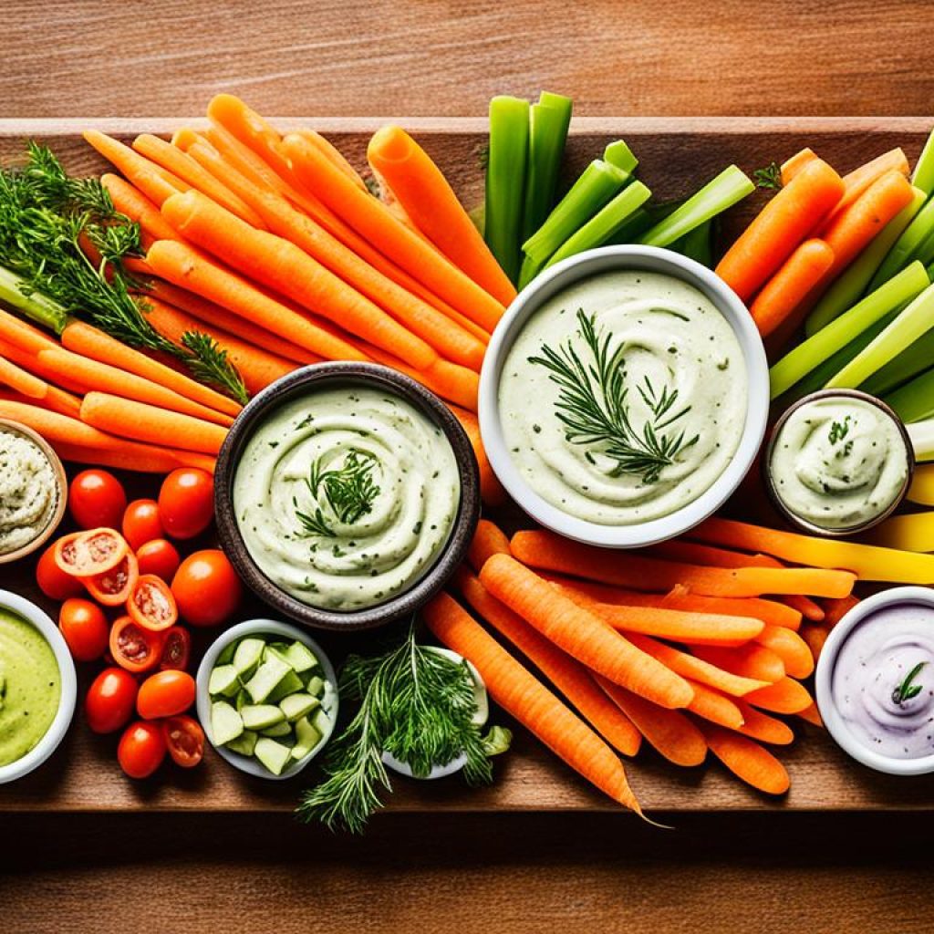 Salzige Snacks mit Gemüsesticks und Dips